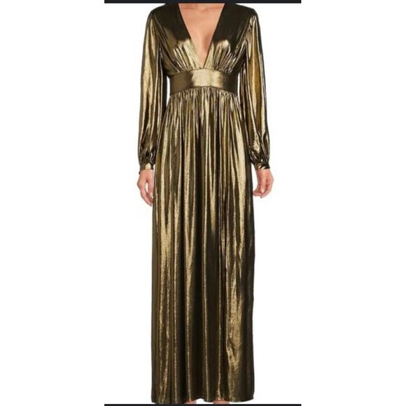 Gianni Bini Zella Metallic Long Blouson Sleeve V-Back Front Slit Column Gown Sz4 - Picture 1 of 13